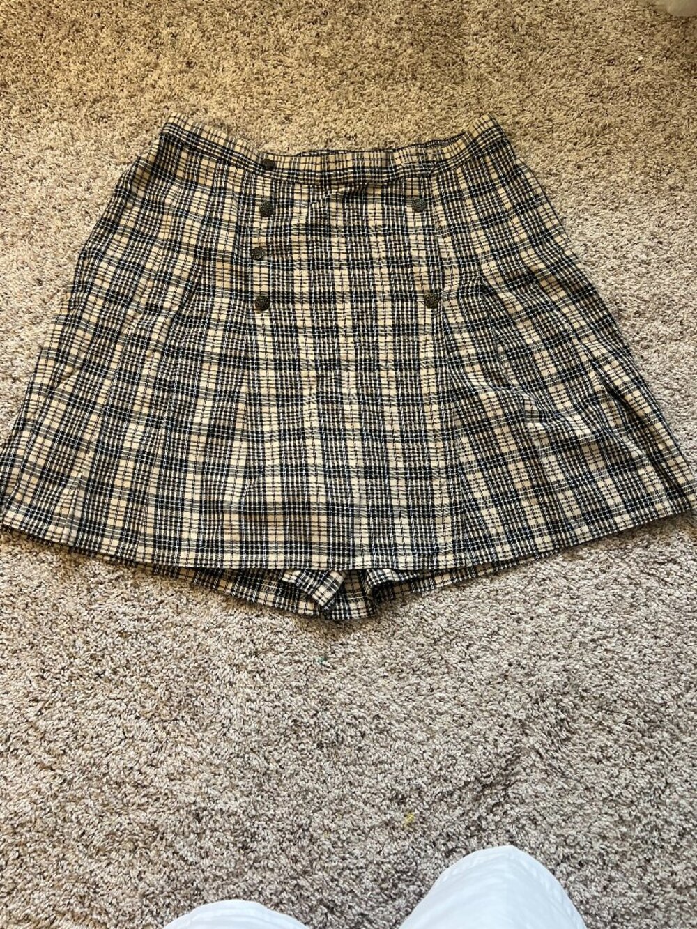 Vintage Liz Claiborne Plaid Mini Skort Tan High Waist Cotton Tartan Pleated 90s